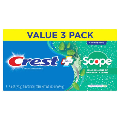 Crest + Scope Whitening Toothpaste 3-Pack (5.4 oz) – Anticavity, Fresh Mint