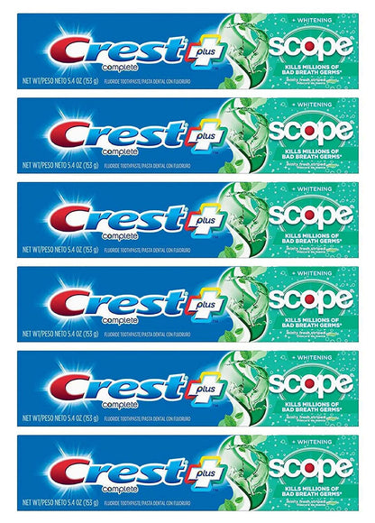 Crest Toothpaste 5.4 oz + Scope Whitening Minty Fresh (Pack of 6) | Crest & Scope Complete Whitening