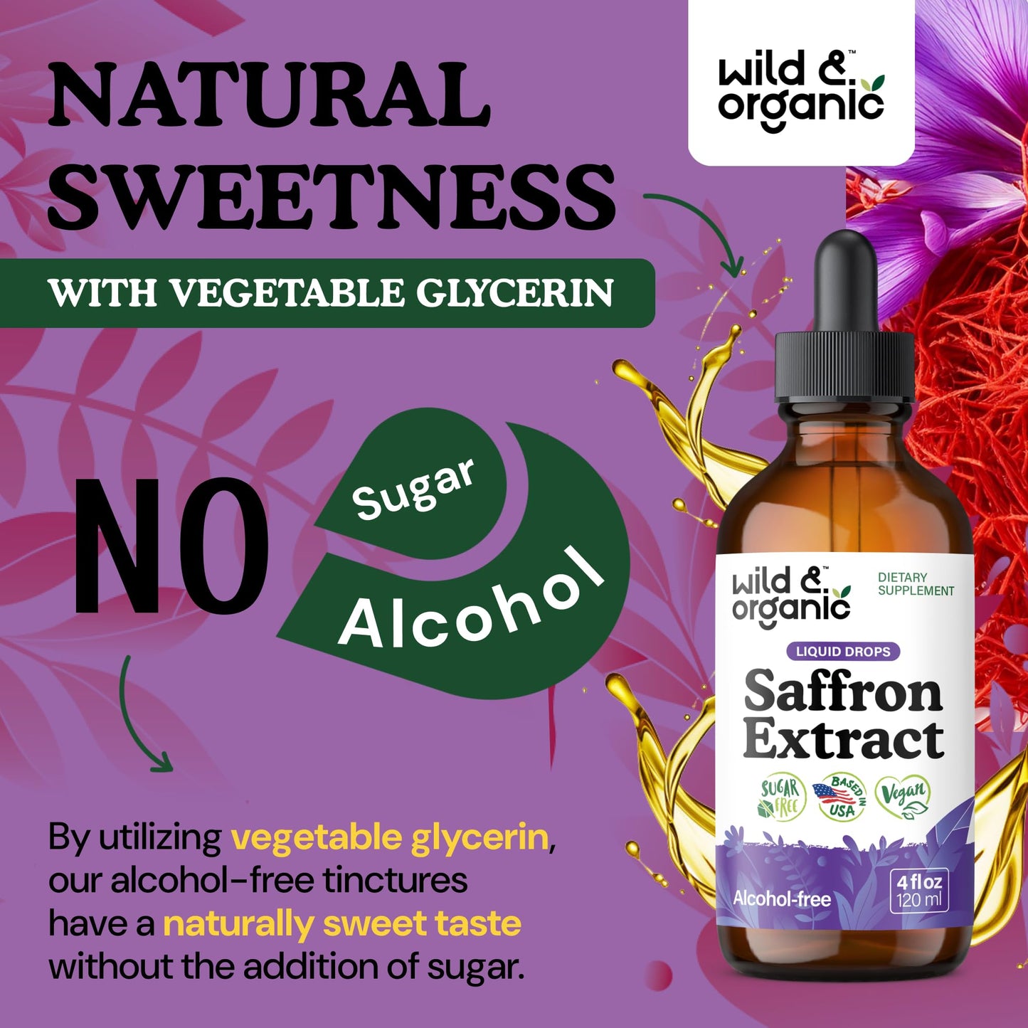 Wild & Organic Saffron Tincture – 88.5 mg per serving (4 oz) – Vegan, Alcohol & Sugar-Free