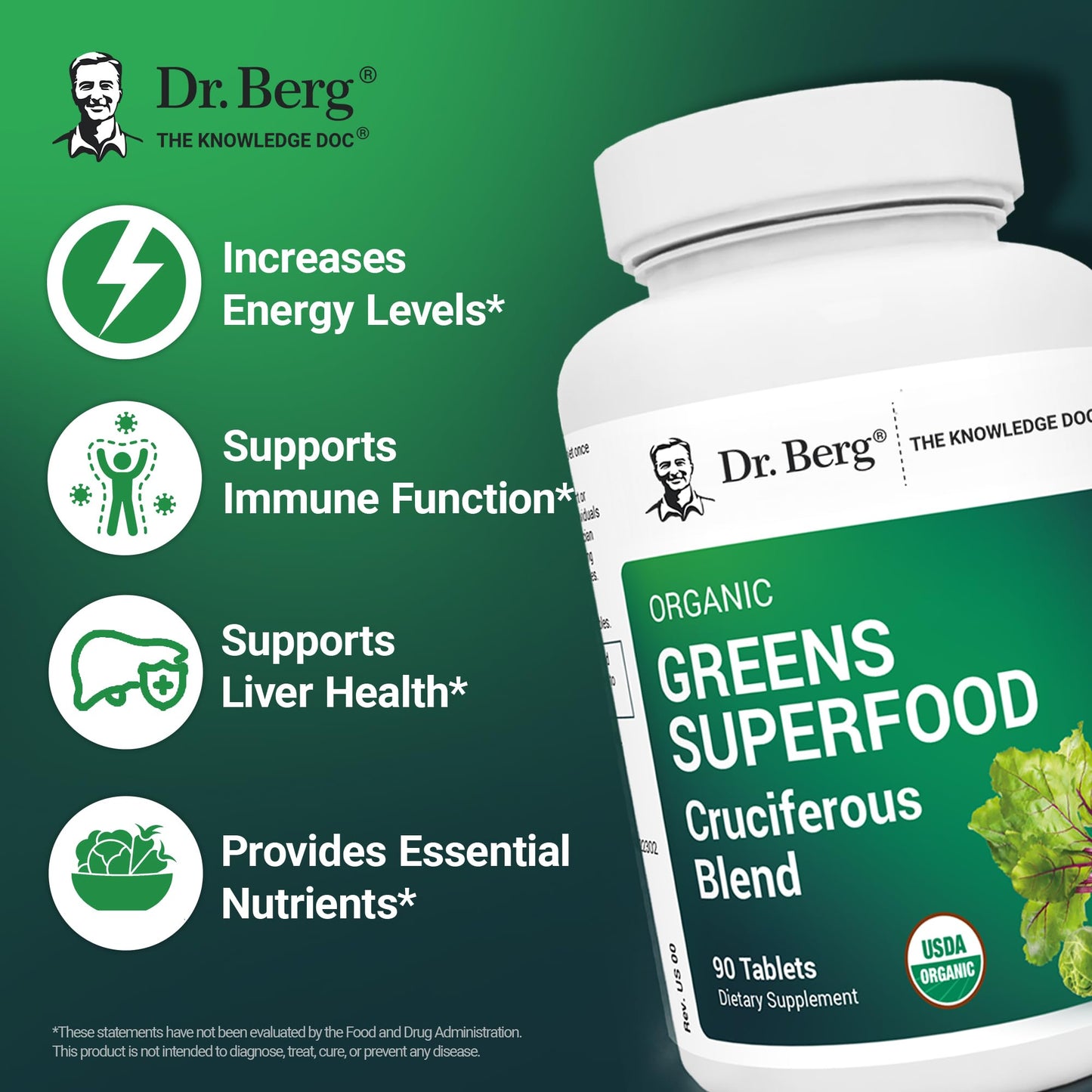 Dr. Berg's Greens Superfood – Cruciferous Veggie Tablets (90 Count)