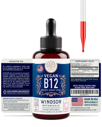 Vegan Vitamin B12 Liquid 5000 mcg | Sublingual Methylcobalamin Drops - 2oz