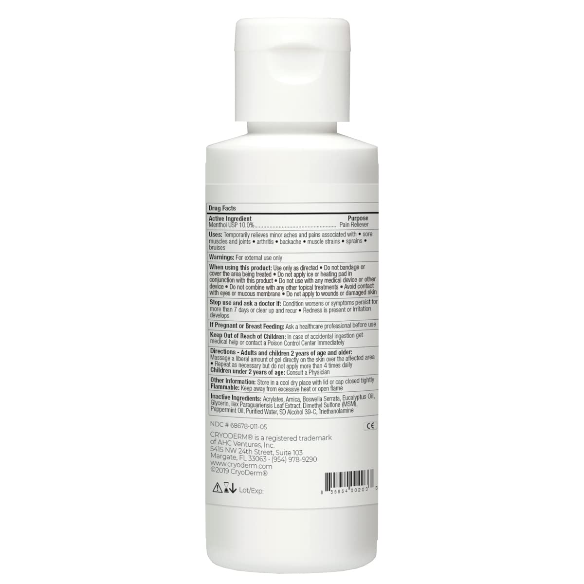 Bundle-2 Items: Cryoderm Cold Gel 4oz (Pack of 2) - Natural Massage Gel with MSM, Arnica & Eucalyptus