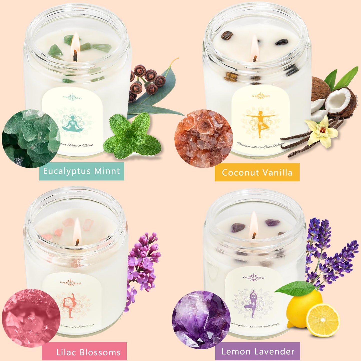4-Pack Crystal Soy Candles – Aromatherapy Scented Gift Set for Women | 24 oz