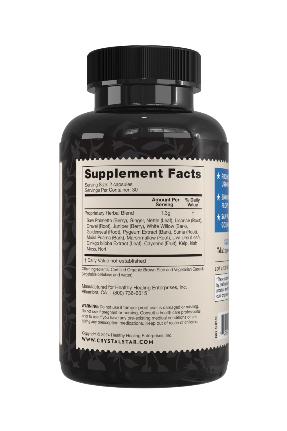 Crystal Star Prostate Support Saw Palmetto Supplements for Men (60 Capsules) – Bladder & Urine Health – Ginger & Pygeum - Non-GMO