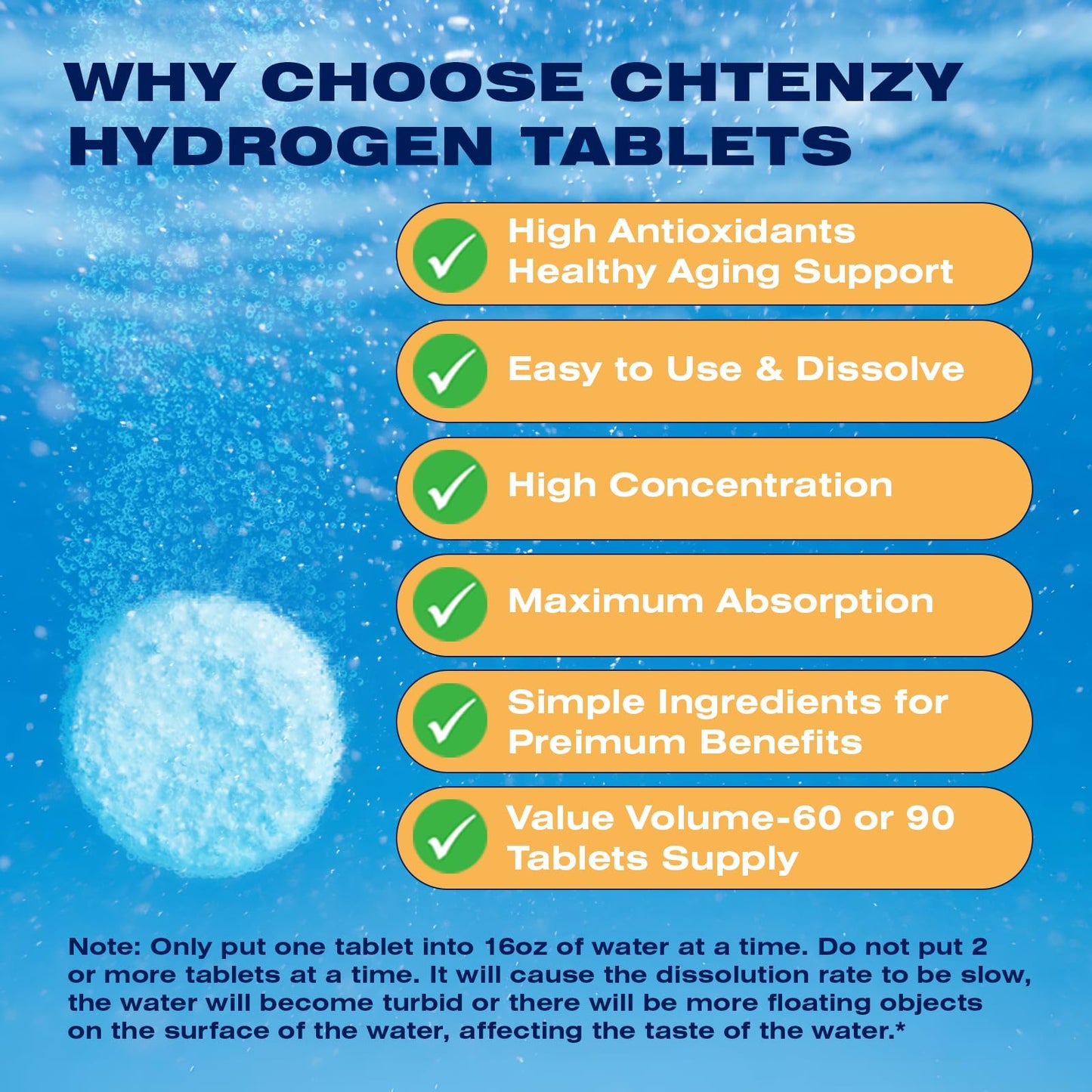 CHTENZY Hydrogen Water Tablets – 8PPM H2, Magnesium, Orange Flavor, 60 Count
