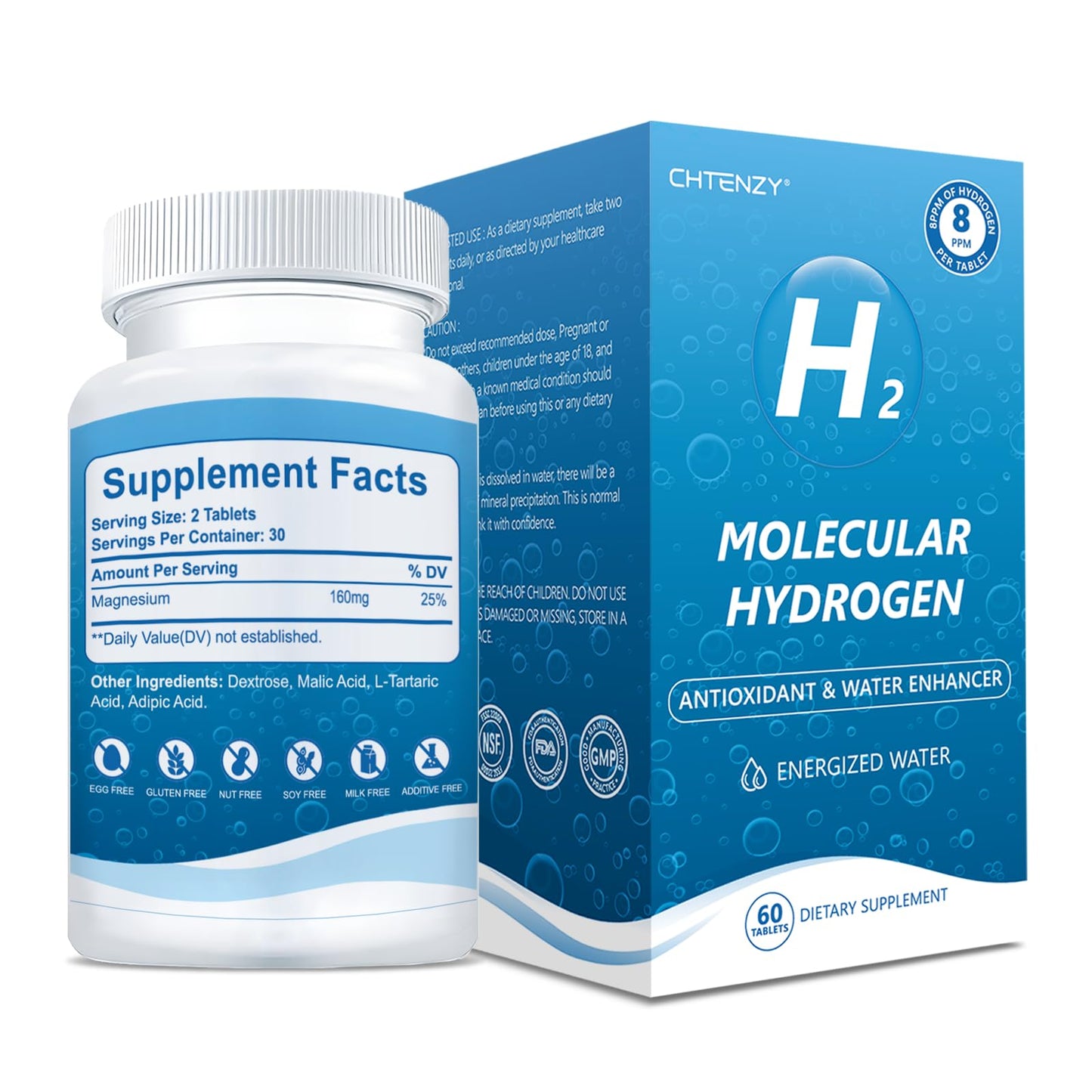 CHTENZY Hydrogen Water Tablets – 8PPM H2, Magnesium, Orange Flavor, 60 Count