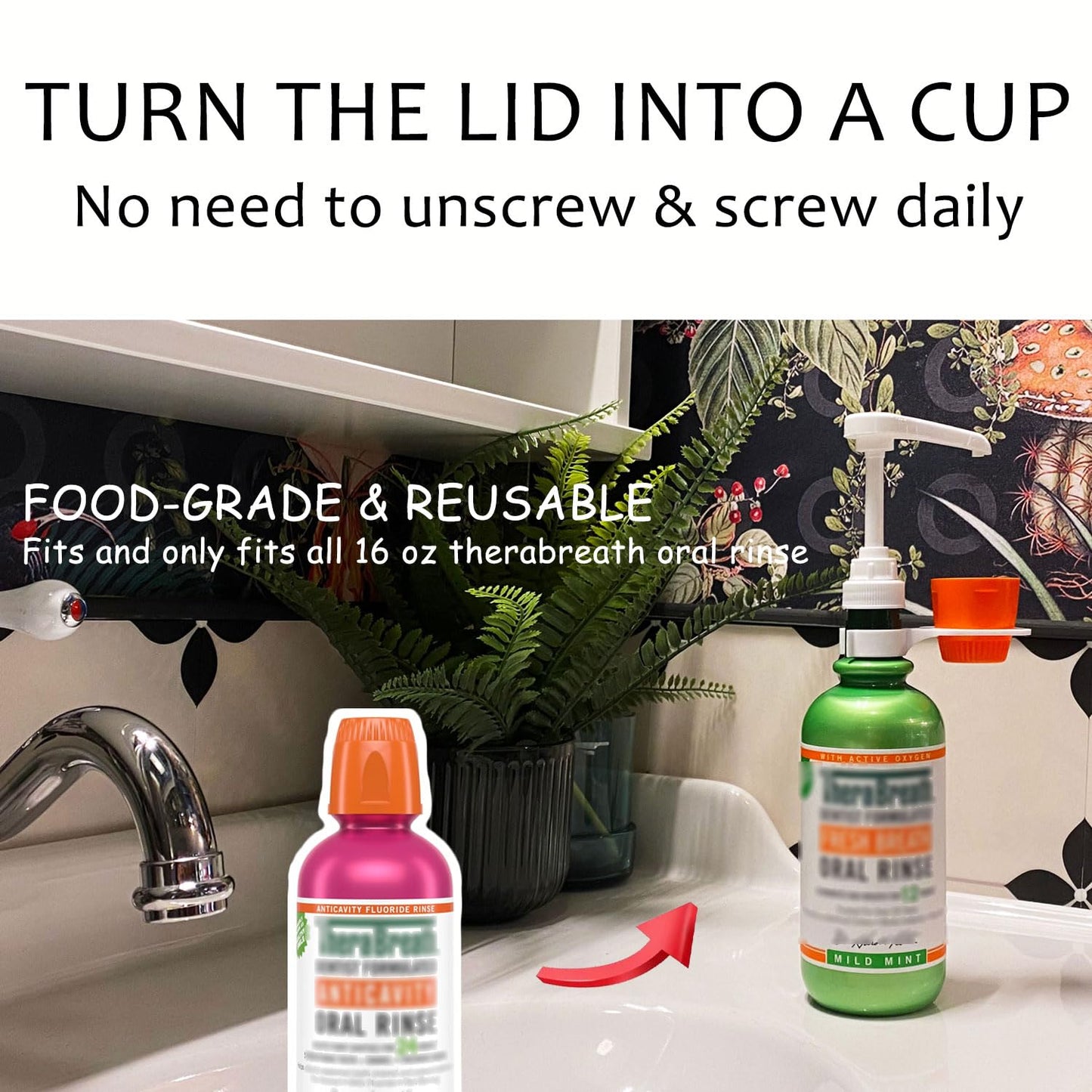 Upgraded Mouthwash Dispenser Pump and Cup Holder Set (3 Pack) for TheraBreath 16 oz Mouthwash
