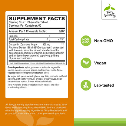 Terry Naturally CuraMed 100 mg Curcumin Complex – Enhanced Absorption Turmeric Supplement for Brain & Liver Health | Vegan | 60 Chewables