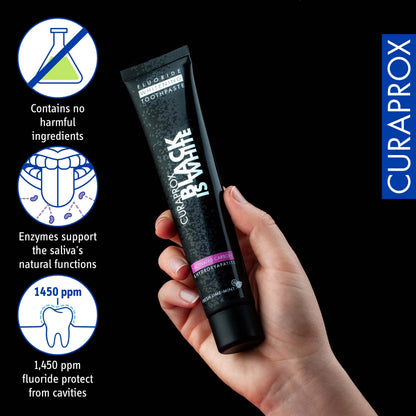 Curaprox Black is White Toothpaste – Charcoal Whitening with Fluoride | 90 ml