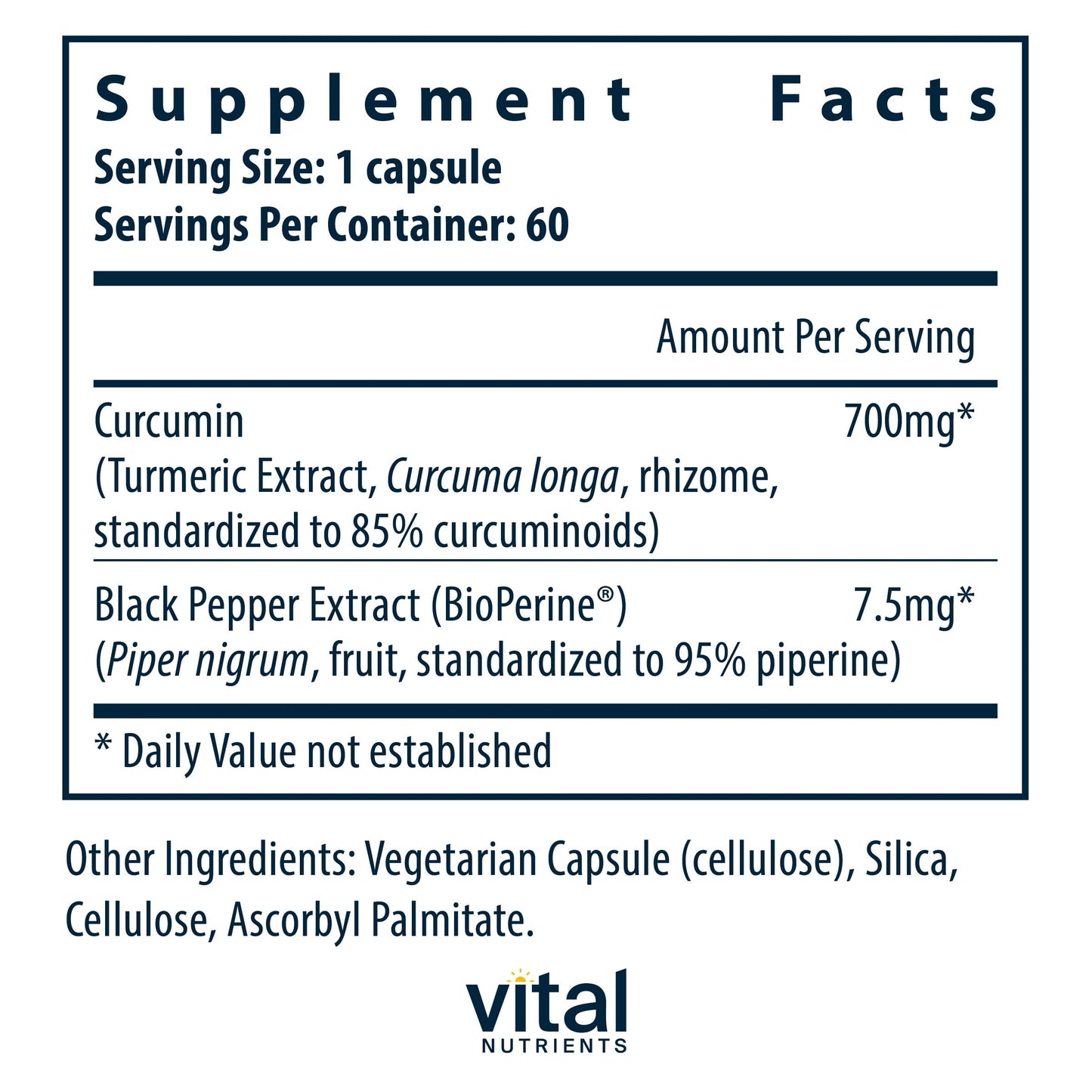 Vital Nutrients Curcumin Extract 700mg – Vegan Curcumin with Black Pepper (Bioperine) – 60 Capsules