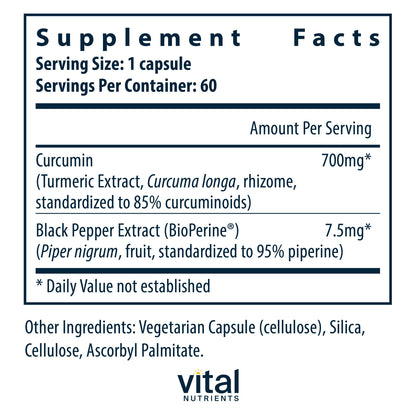 Vital Nutrients Curcumin Extract 700mg – Vegan Curcumin with Black Pepper (Bioperine) – 60 Capsules