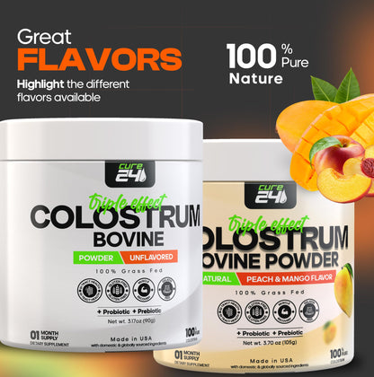 Cure24 Bovine Colostrum X3 Supplement Powder – 100% Grass-Fed, Probiotic & Prebiotic, Strawberry Flavor, Made in USA