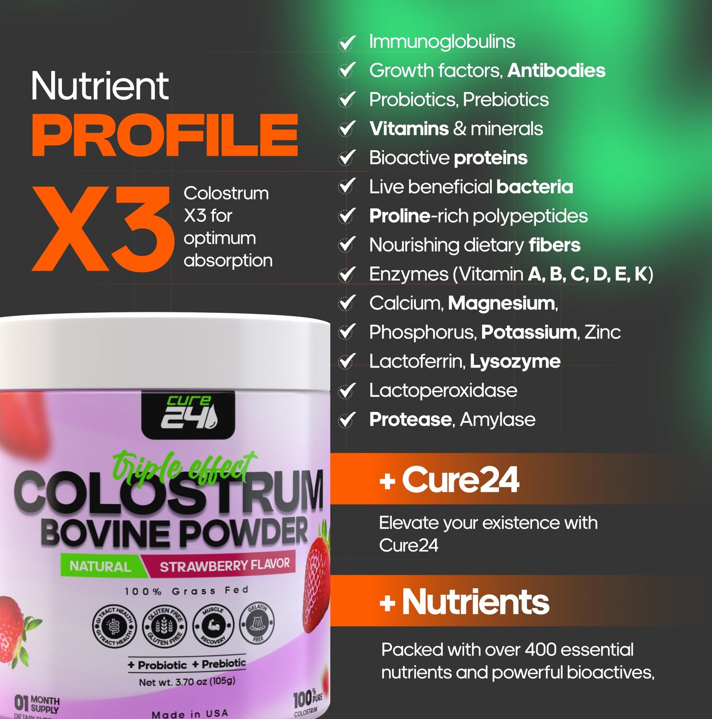 Cure24 Bovine Colostrum X3 Supplement Powder – 100% Grass-Fed, Probiotic & Prebiotic, Strawberry Flavor, Made in USA