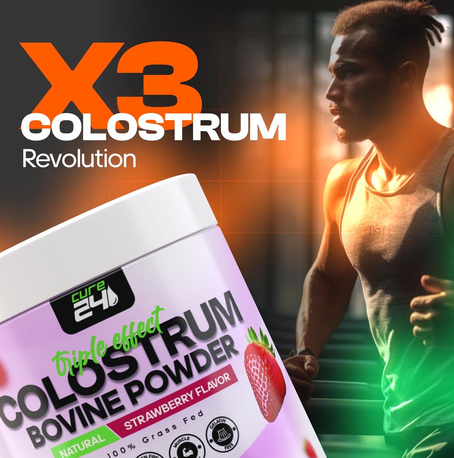 Cure24 Bovine Colostrum X3 Supplement Powder – 100% Grass-Fed, Probiotic & Prebiotic, Strawberry Flavor, Made in USA