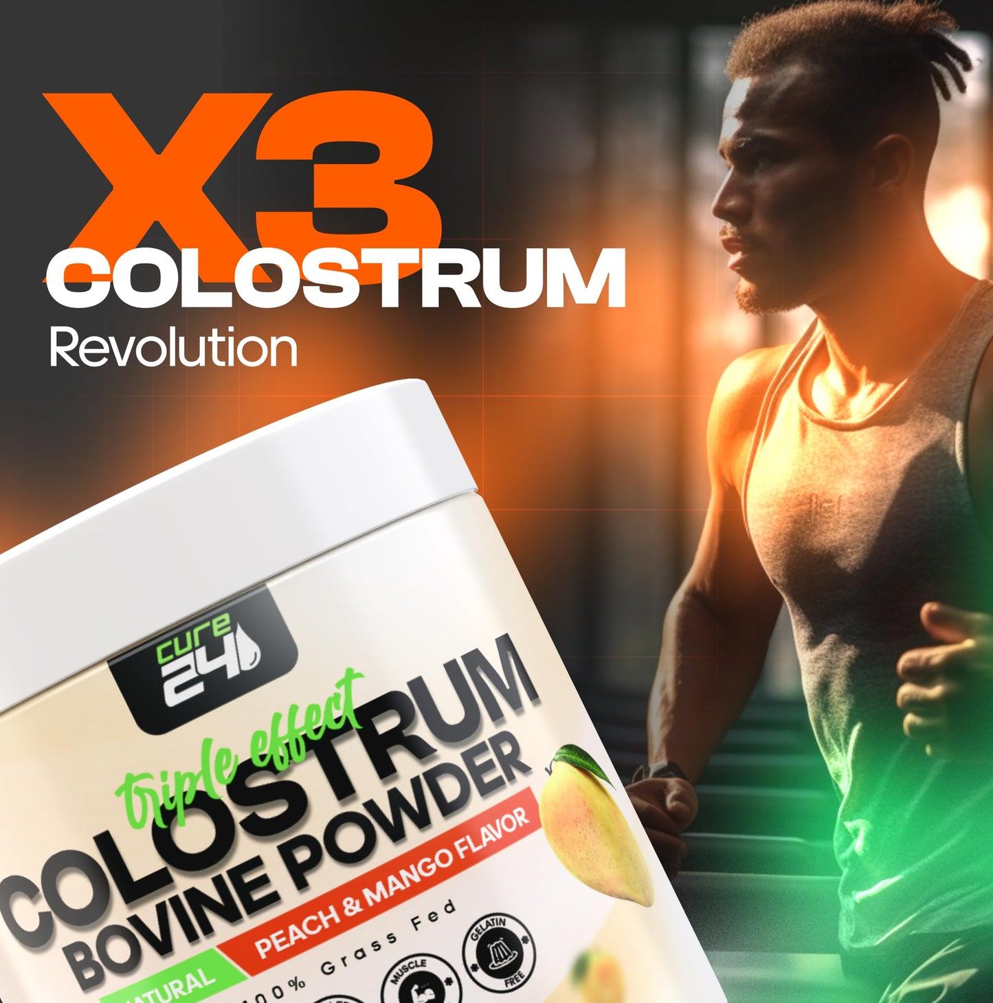 Cure24 Bovine X3 Colostrum Powder for Humans - 100% Pure, Grass-Fed, High IgG