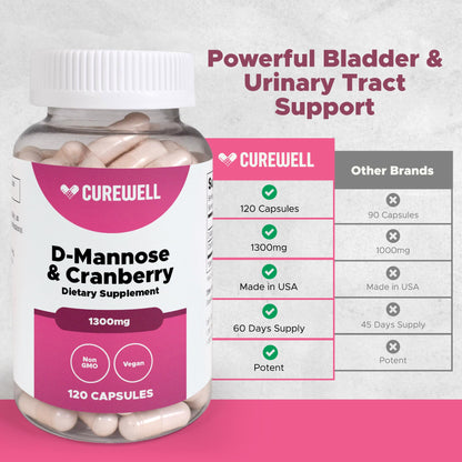 CUREWELL D-Mannose & Cranberry 1300mg | 120 Capsules | Vegan & Non-GMO UTI Support
