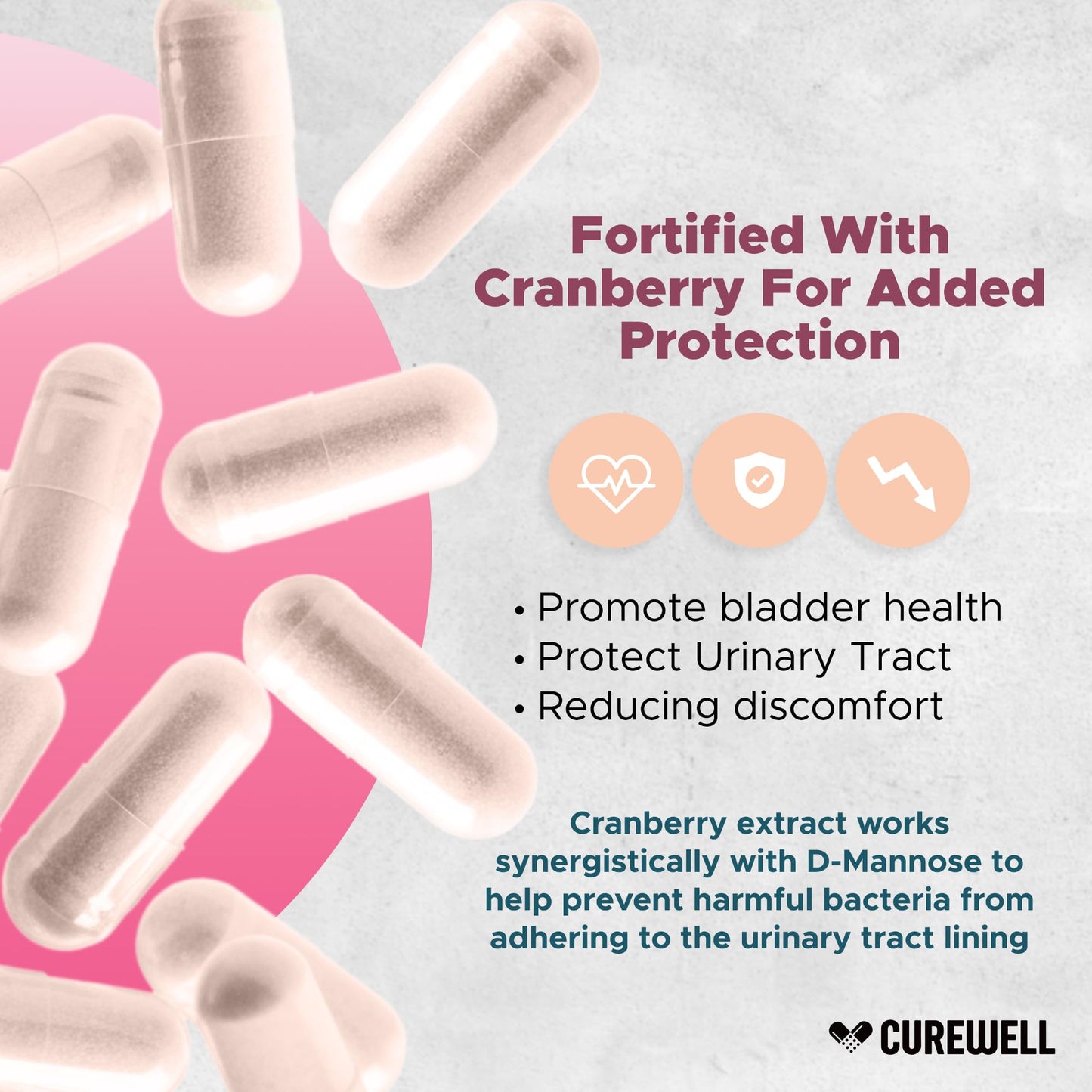 CUREWELL D-Mannose & Cranberry 1300mg | 120 Capsules | Vegan & Non-GMO UTI Support
