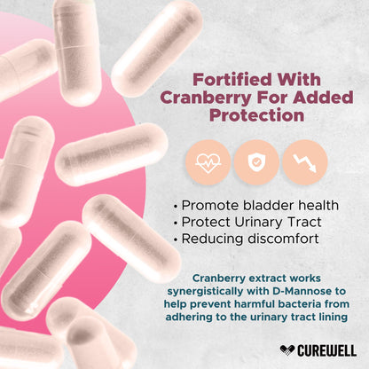 CUREWELL D-Mannose & Cranberry 1300mg | 120 Capsules | Vegan & Non-GMO UTI Support