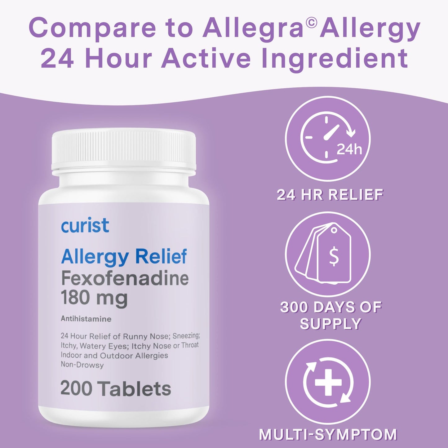 Curist Fexofenadine 180mg (200 Tablets) Non-Drowsy Allergy Relief — 24-Hour All-Day Comfort