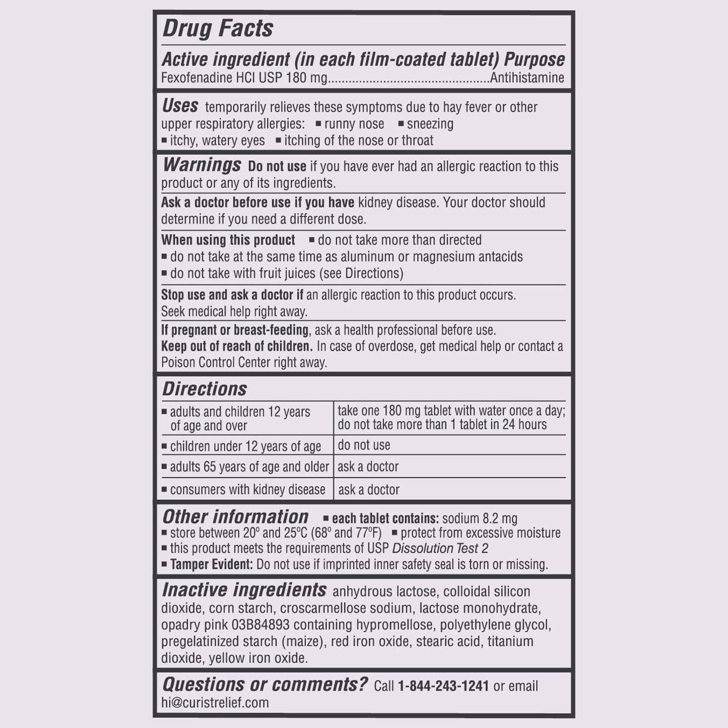 Curist Fexofenadine 180mg (200 Tablets) Non-Drowsy Allergy Relief — 24-Hour All-Day Comfort