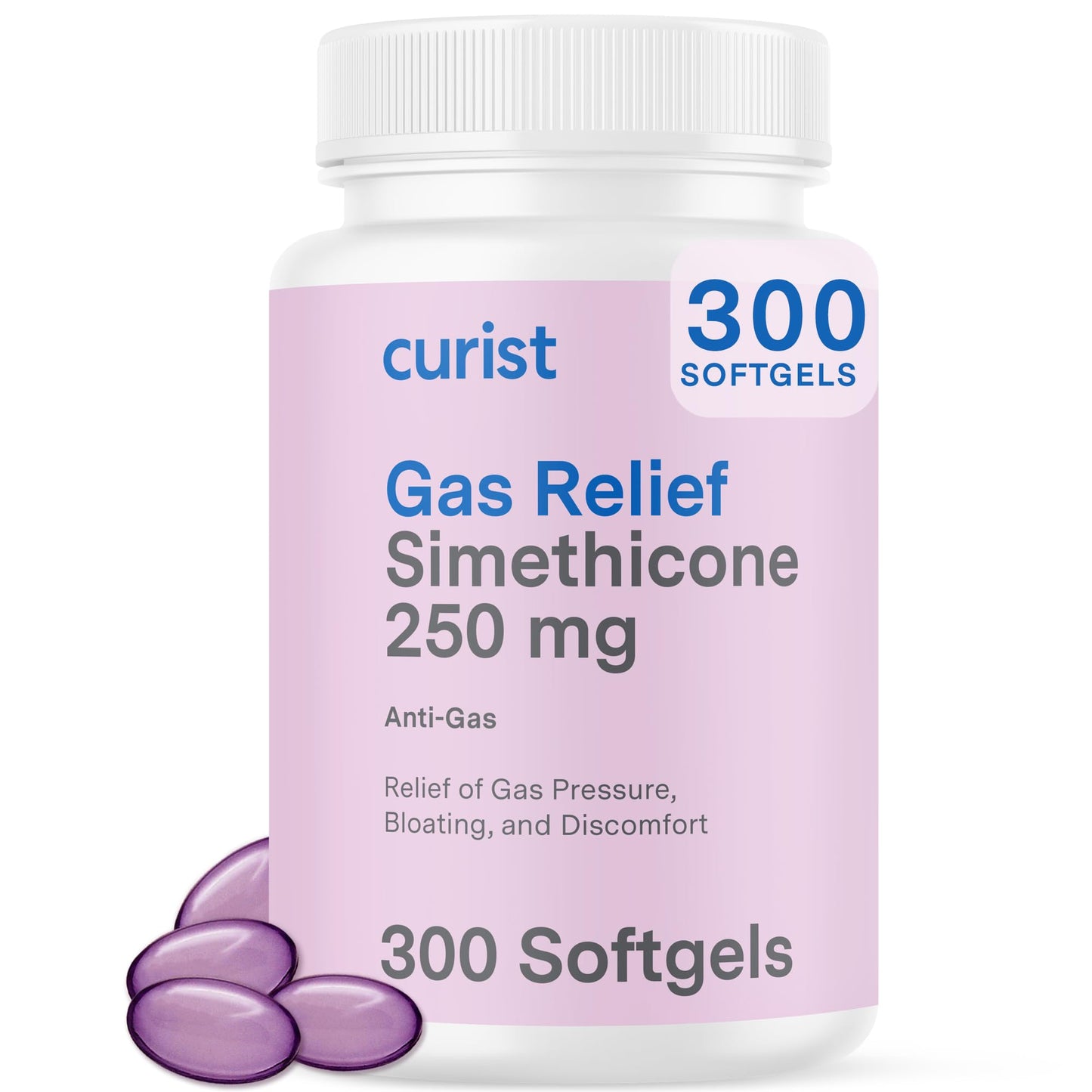 Curist Gas Relief Simethicone 250 mg Softgels 300 Count – Quick Gas & Bloating Relief for Adults