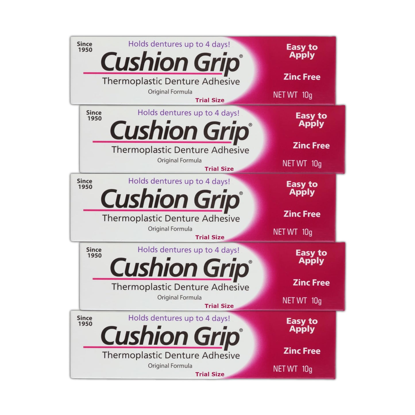 Cushion Grip Denture Adhesive 0.35 oz Travel Size (5-Pack) – Up to 4 Days, Zinc-Free, Waterproof