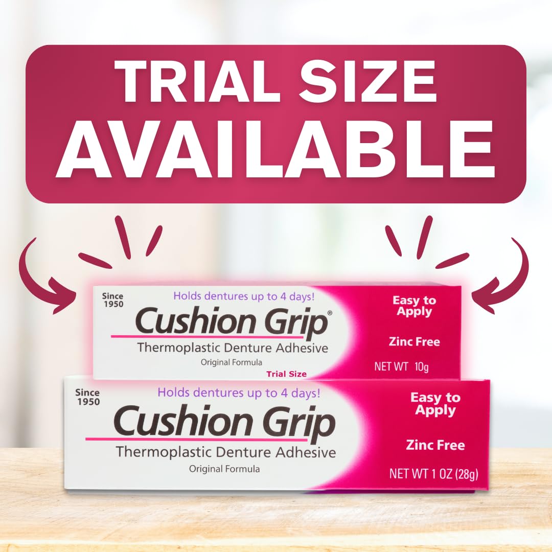 Cushion Grip Thermoplastic Denture Adhesive – Travel Size 0.35 oz Pack of 2 | Up to 4 Days Hold