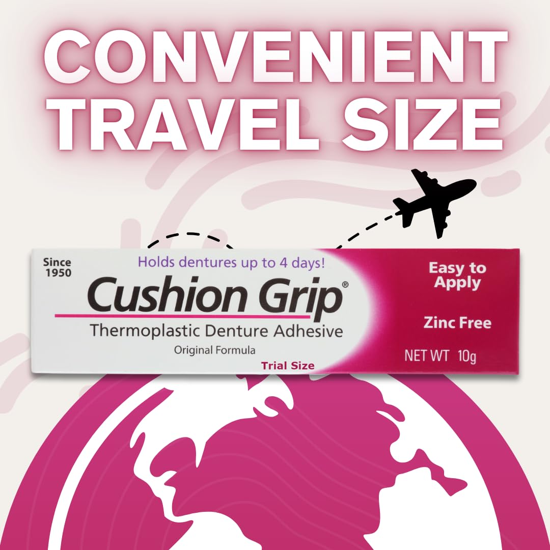 Cushion Grip Thermoplastic Denture Adhesive – Travel Size 0.35 oz (Pack of 10) | Up to 4 Days Hold