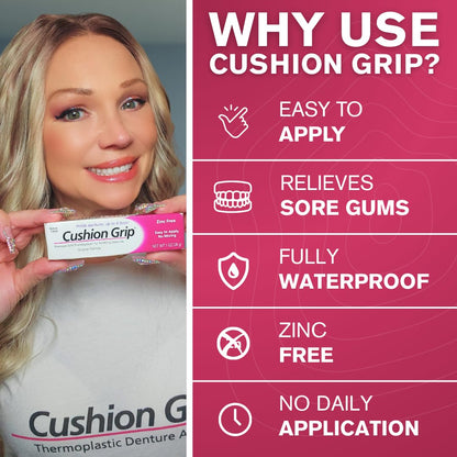 Cushion Grip Thermoplastic Denture Adhesive 1oz (5 Pack) - Extra Strong Hold Up to 4 Days