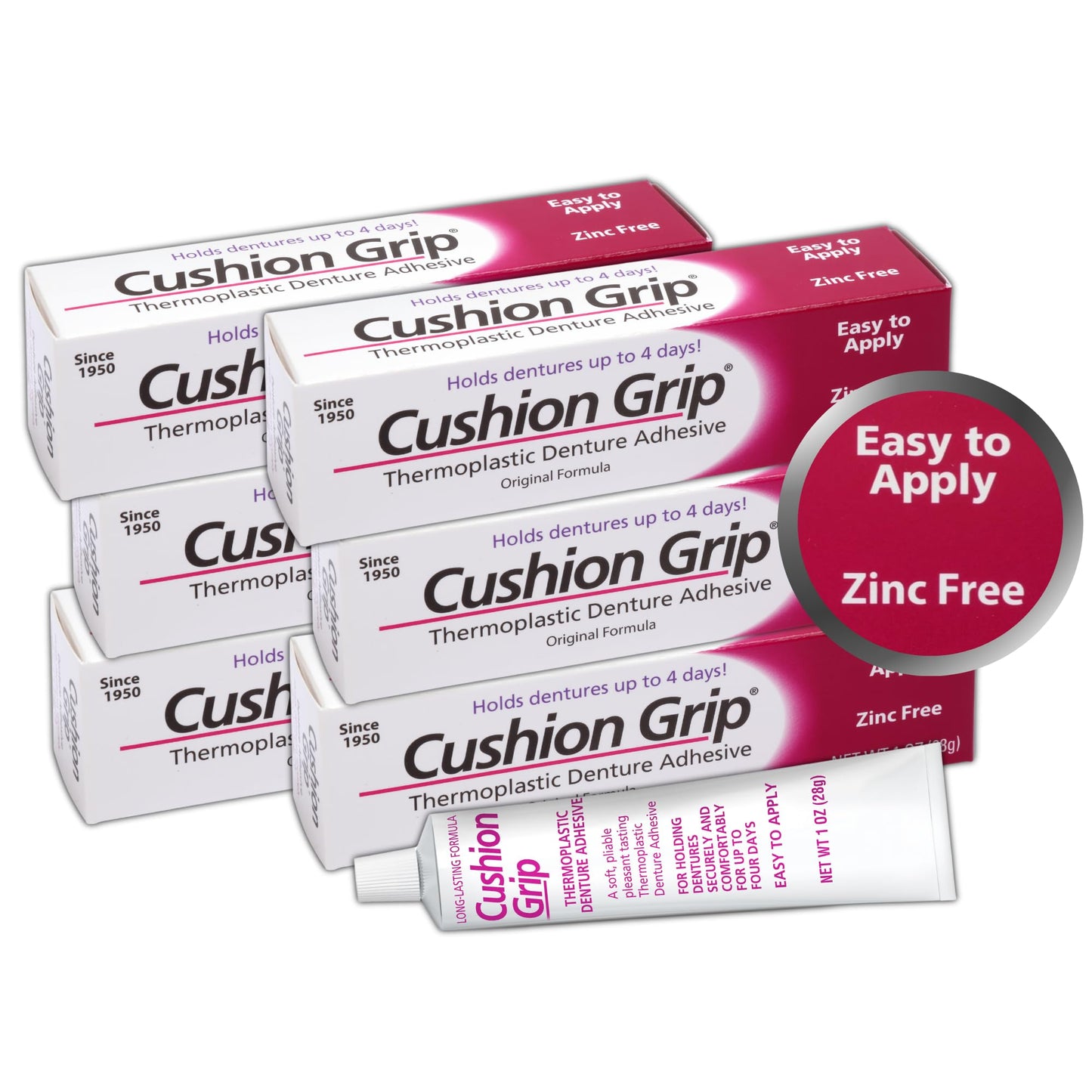 Cushion Grip Thermoplastic Denture Adhesive 1oz (6 Pack) – Extra Strong Hold Up to 4 Days