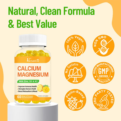 Calcium Magnesium Zinc Gummies with Vitamin D3 & K2 – Vegan Mango-Pineapple, 60 Gummies