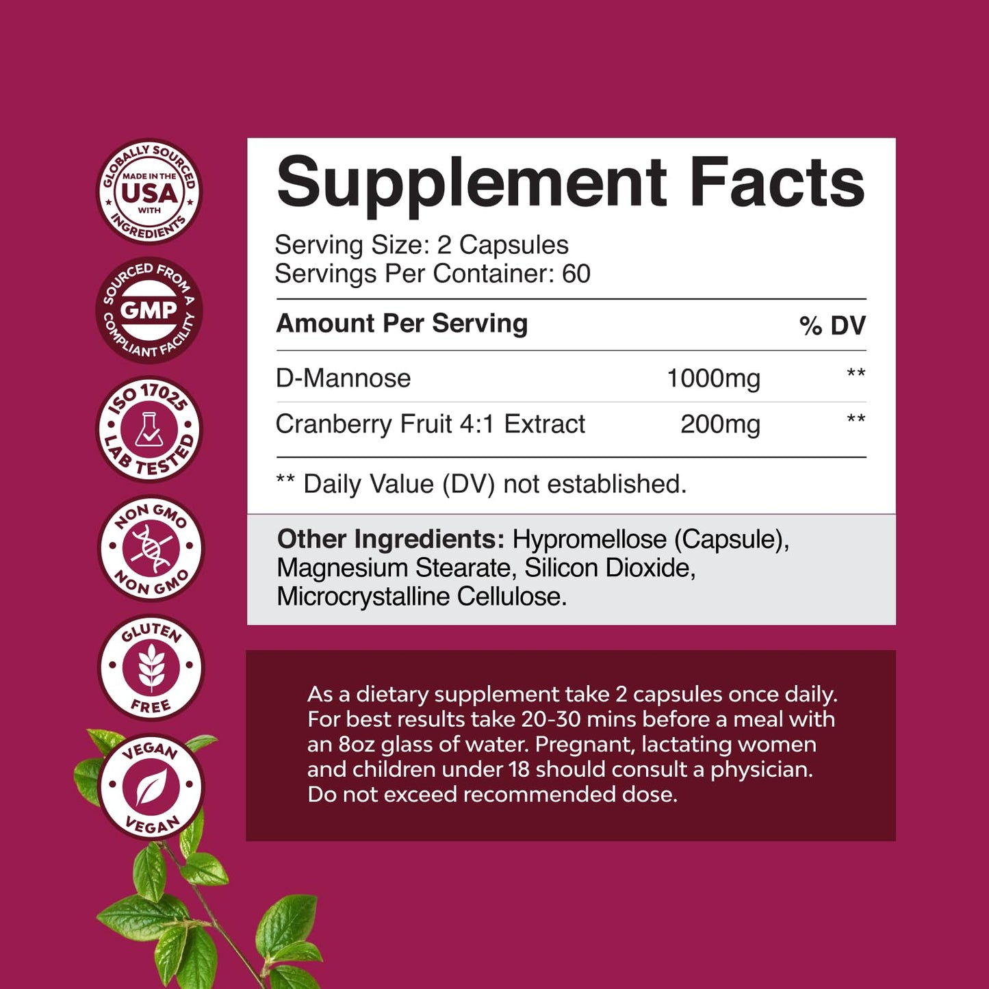 D Mannose with Cranberry 1000mg Capsules – Urinary Tract Health (120 Count)