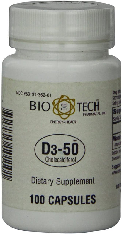 Bio-Tech Pharmacal D3-50 50,000 IU – 100 Caps | Vitamin D3 for Bone, Heart & Immune Health