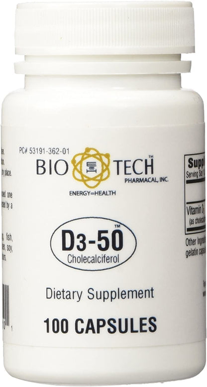 D3-50 50,000 IU Vitamin D3 - 100 Capsules Pack of 2 | Bio-Tech Pharmacal
