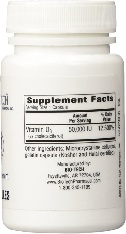 D3-50 50,000 IU Vitamin D3 - 100 Capsules Pack of 2 | Bio-Tech Pharmacal