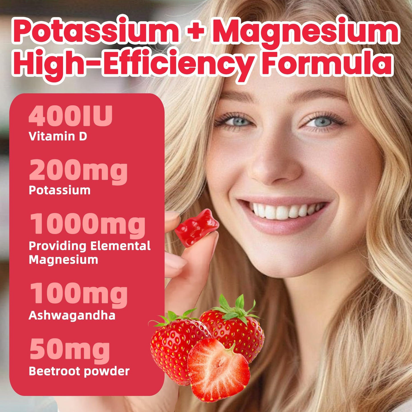 Potassium Magnesium Gummies with Magnesium Glycinate, B6, D3 - 120 Strawberry Gummies