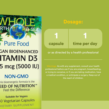 Natural Factors Whole Earth & Sea Vitamin D3 5,000 IU (125 mcg) – Vegan Bioenhanced, 60 Capsules