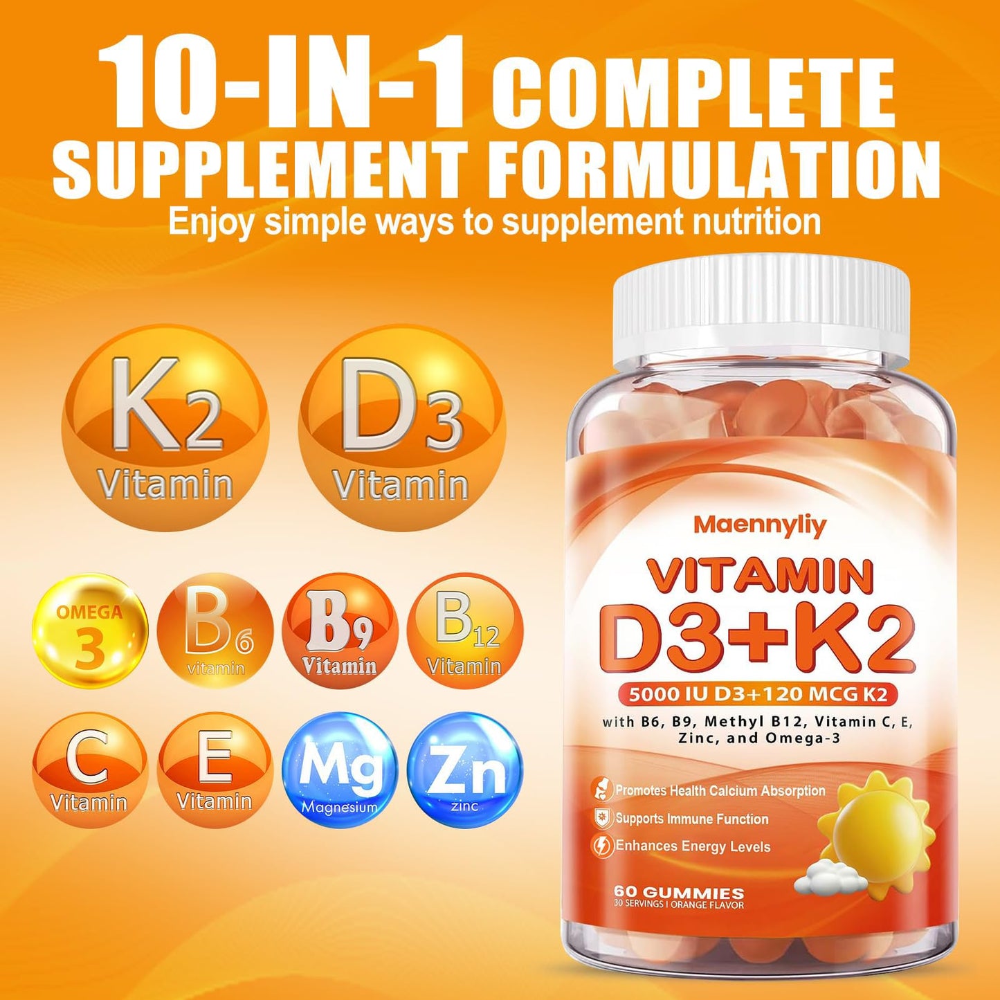 Vitamin D3 K2 Gummies for Adults – 5000IU D3 + 120mcg MK-7 K2 | Sugar-Free, Omega-3 & B Vitamins