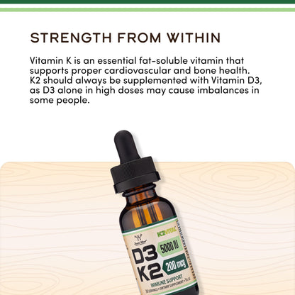 Vitamin D3 K2 Liquid Drops 5,000 IU | K2Vital MK-7 200 mcg | Double Wood