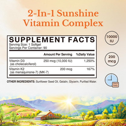 Vitalitown Vitamin D3 K2 Supplement - 10000 IU D3, 200 mcg MK-7, 90 Softgels