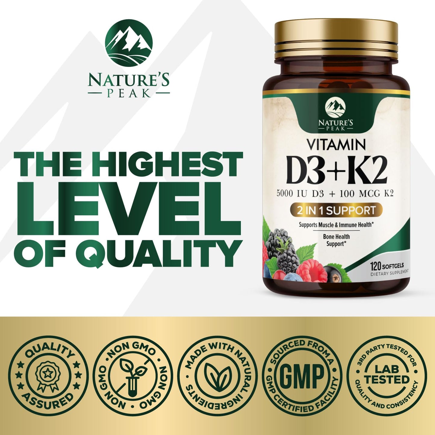 D3 K2 Vitamin 5000 IU - 2-in-1 D3 + MK-7 (100 mcg) Softgels | USA Made, Gluten Free