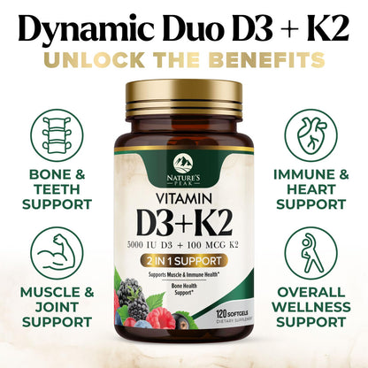 D3 K2 Vitamin 5000 IU - 2-in-1 D3 + MK-7 (100 mcg) Softgels | USA Made, Gluten Free