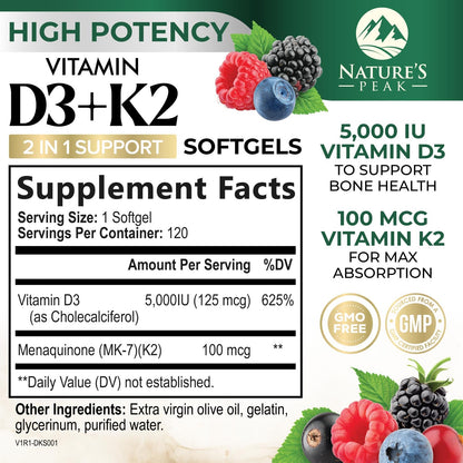 D3 K2 Vitamin 5000 IU - 2-in-1 D3 + MK-7 (100 mcg) Softgels | USA Made, Gluten Free