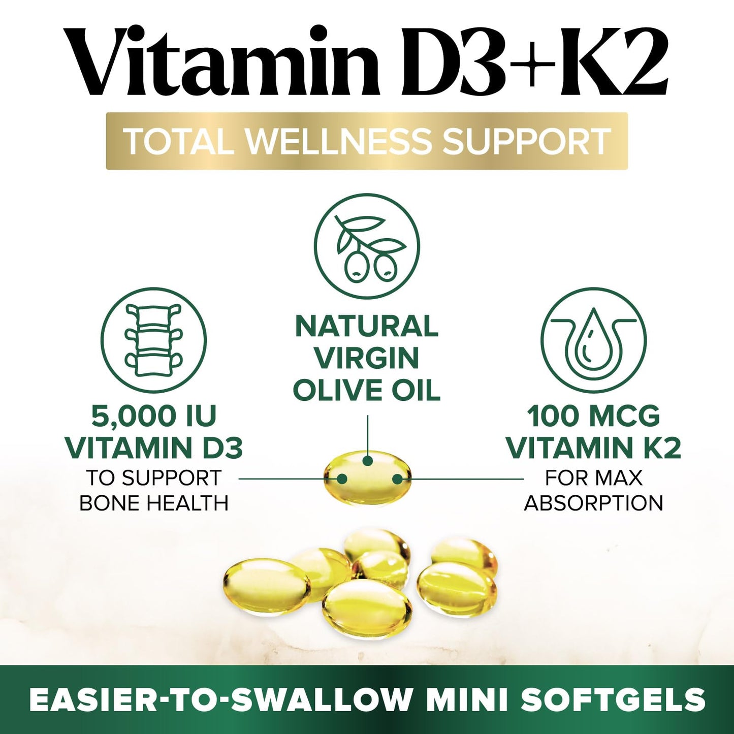 D3 K2 Vitamin 5000 IU - 2-in-1 D3 + MK-7 (100 mcg) Softgels | USA Made, Gluten Free