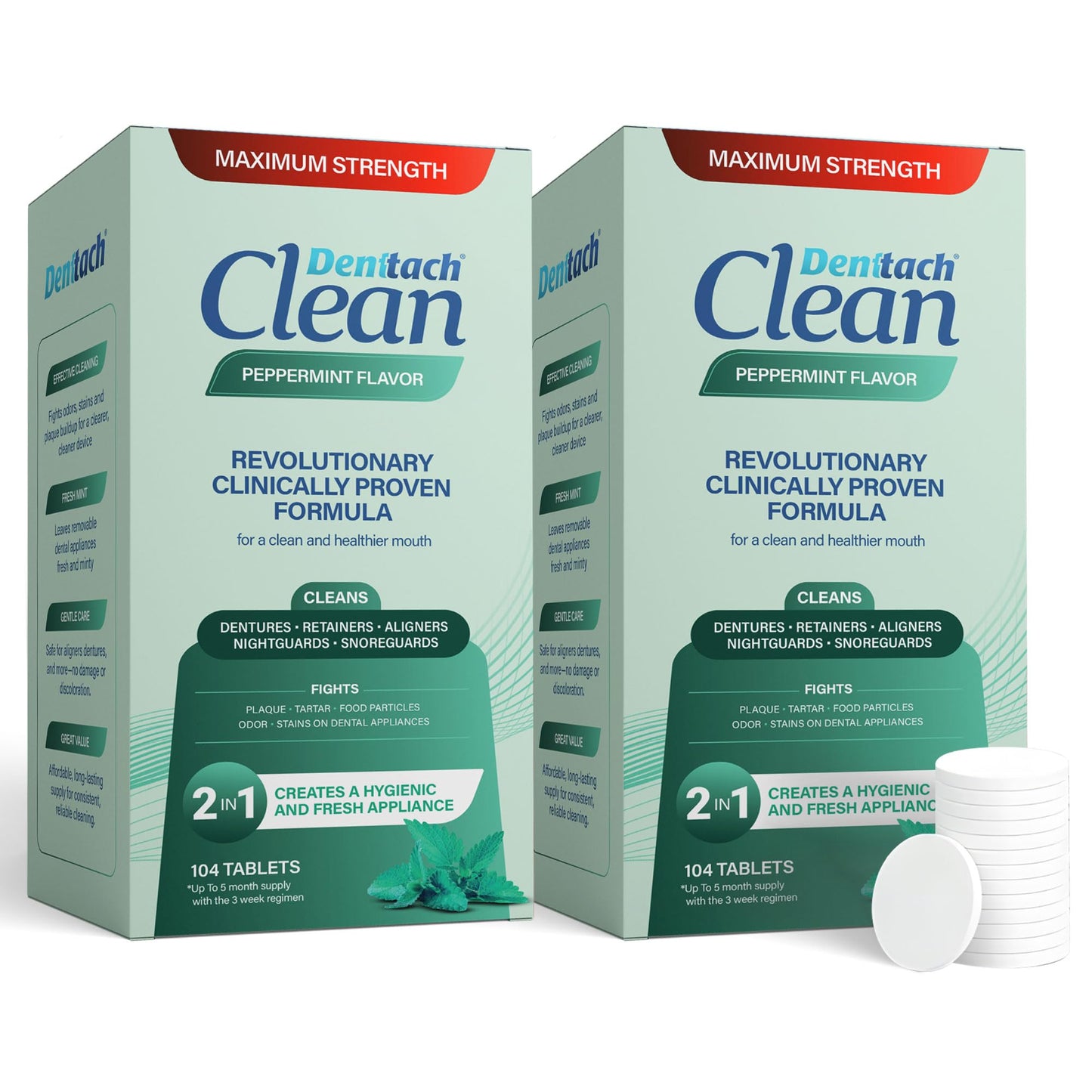 Denttach Clean Retainer & Denture Cleaner Tablets – Maximum Strength Peppermint, 208 Count (2x104)