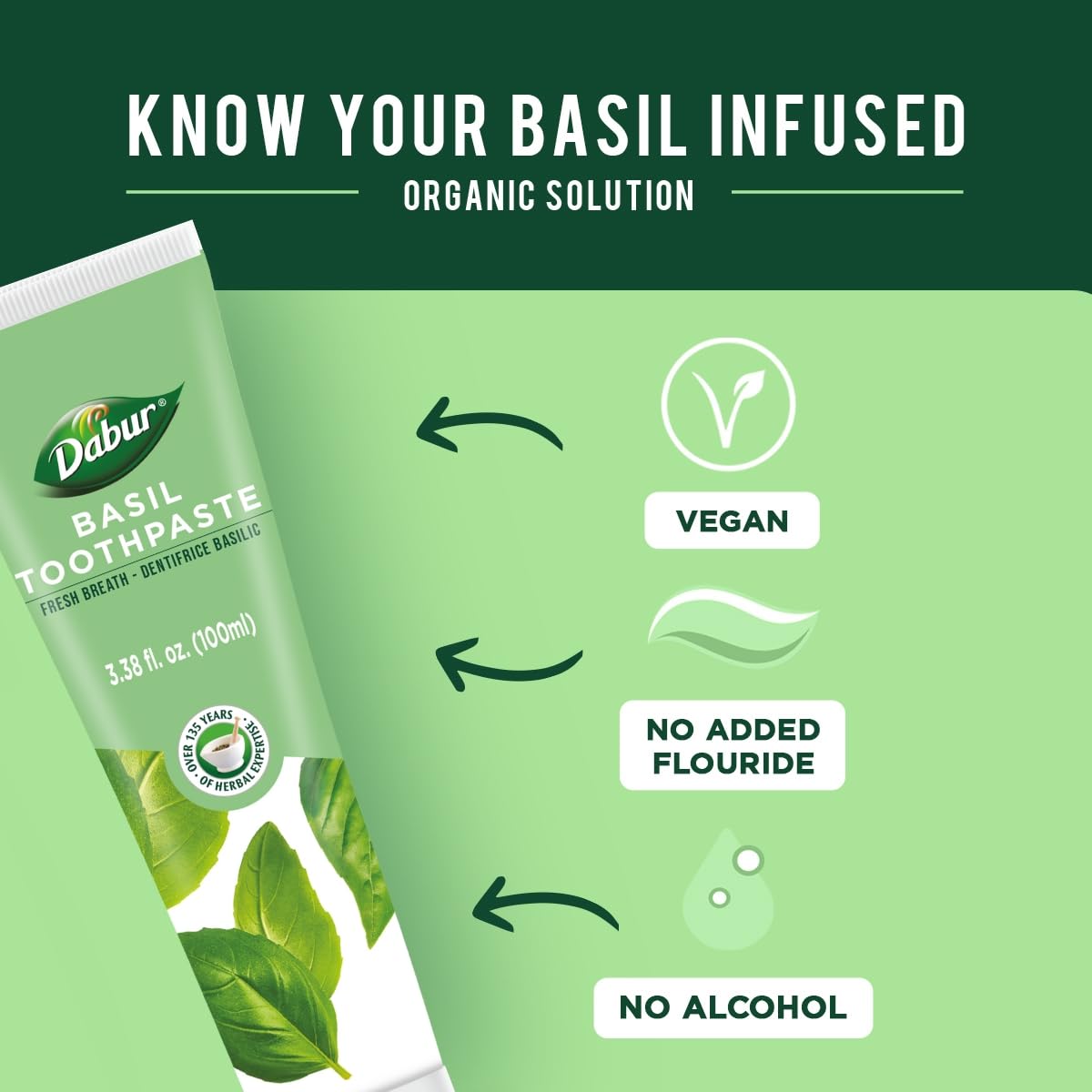 Dabur Herbal Toothpaste - Fluoride-Free Natural Oral Care with Basil 100ml (Pack of 3) | Fresh Breath