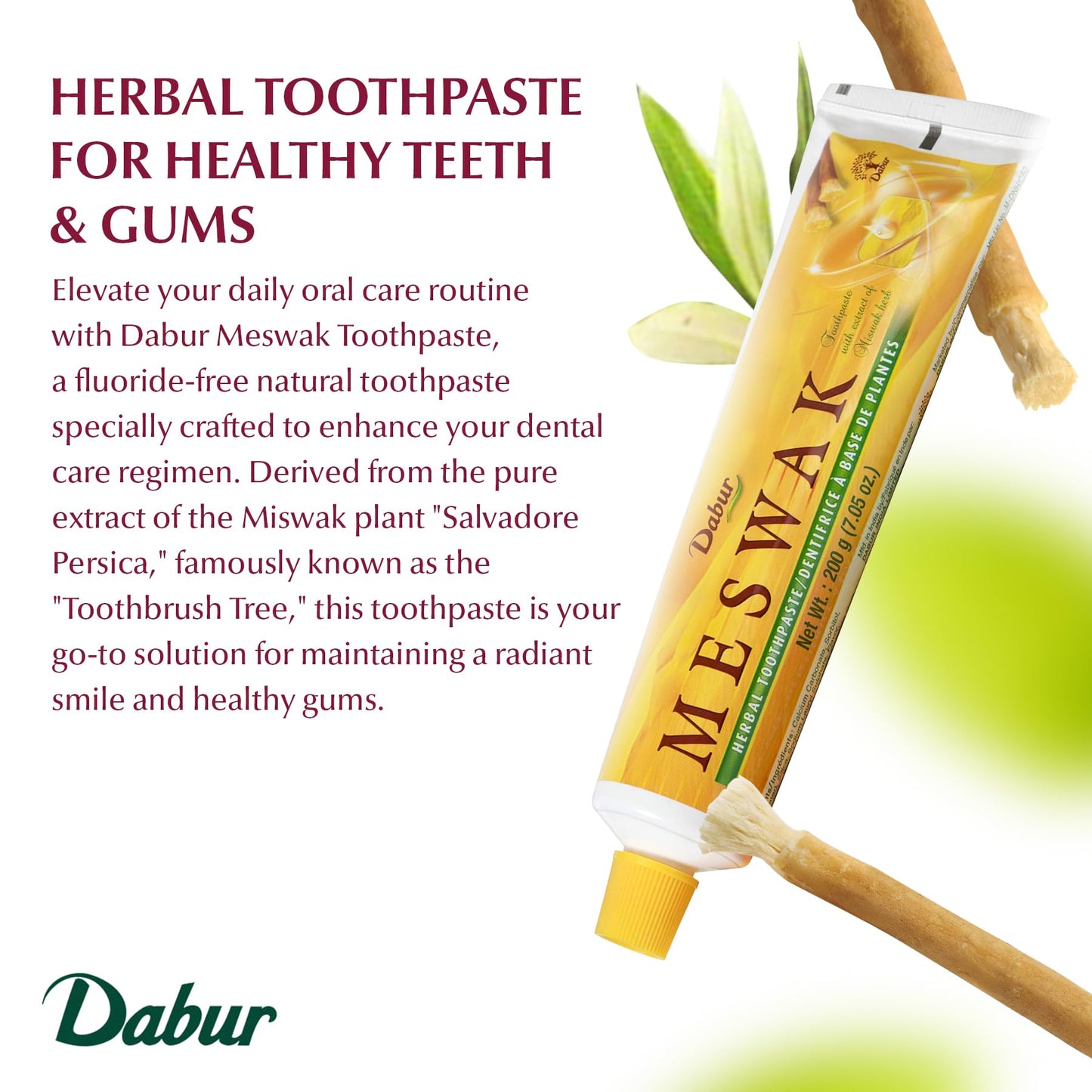 Dabur Meswak Toothpaste, 200 Gram (Pack of 2) - Natural Miswak Toothpaste for Gum Health