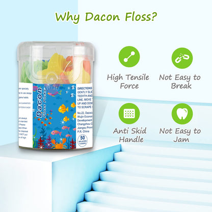 Dacon Kids Flossers – Fluoride-Free Unflavored Dental Floss Picks, 4 Ocean Animal Shapes (50 Count Pack of 3)
