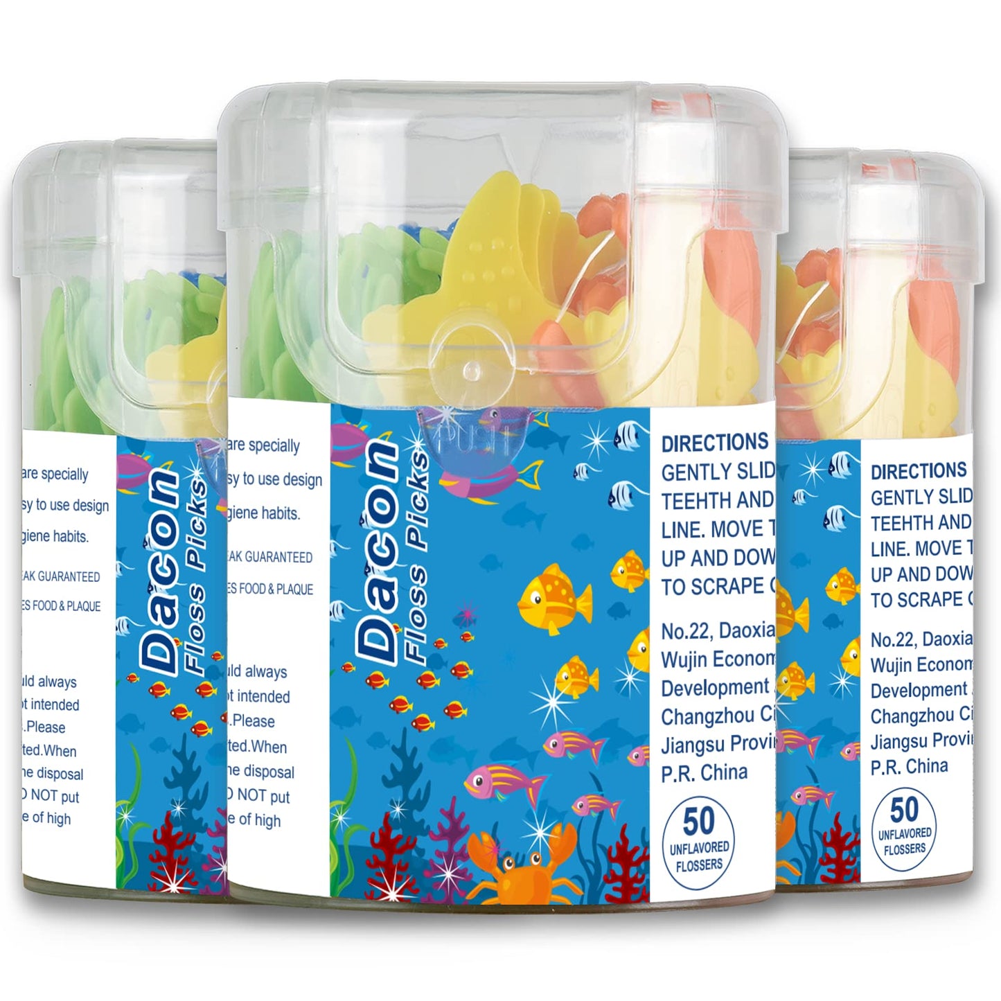 Dacon Kids Flossers – Fluoride-Free Unflavored Dental Floss Picks, 4 Ocean Animal Shapes (50 Count Pack of 3)