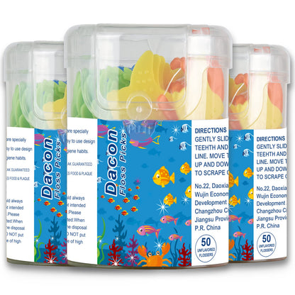 Dacon Kids Flossers – Fluoride-Free Unflavored Dental Floss Picks, 4 Ocean Animal Shapes (50 Count Pack of 3)